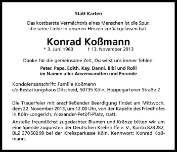 Anzeige von Konrad Koßmann von Kölner Stadt-Anzeiger / Kölnische Rundschau / Express