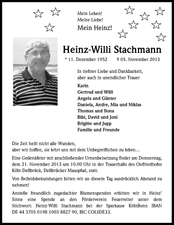Anzeige von Heinz-Willi Stachmann von Kölner Stadt-Anzeiger / Kölnische Rundschau / Express