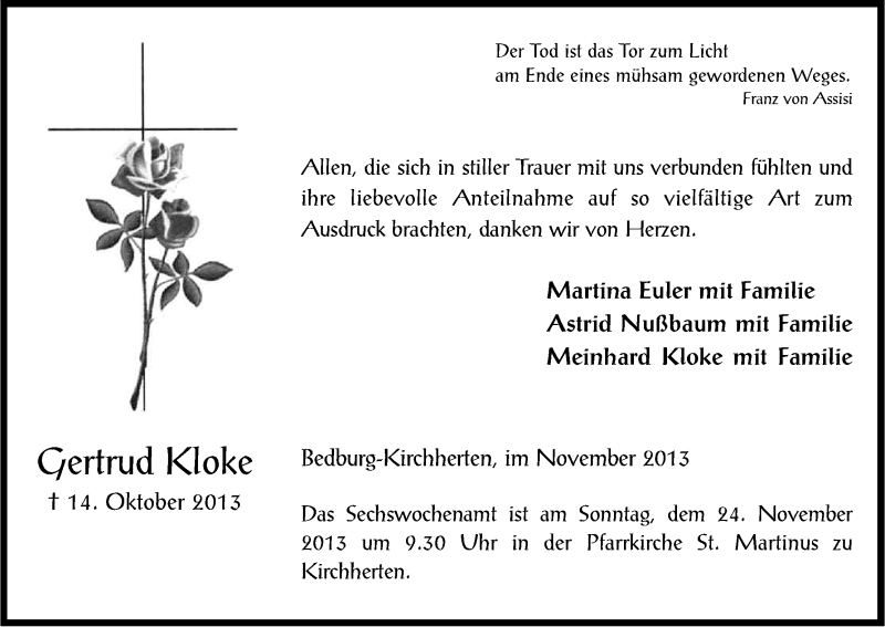  Traueranzeige für Gertrud Kloke vom 16.11.2013 aus Kölner Stadt-Anzeiger / Kölnische Rundschau / Express