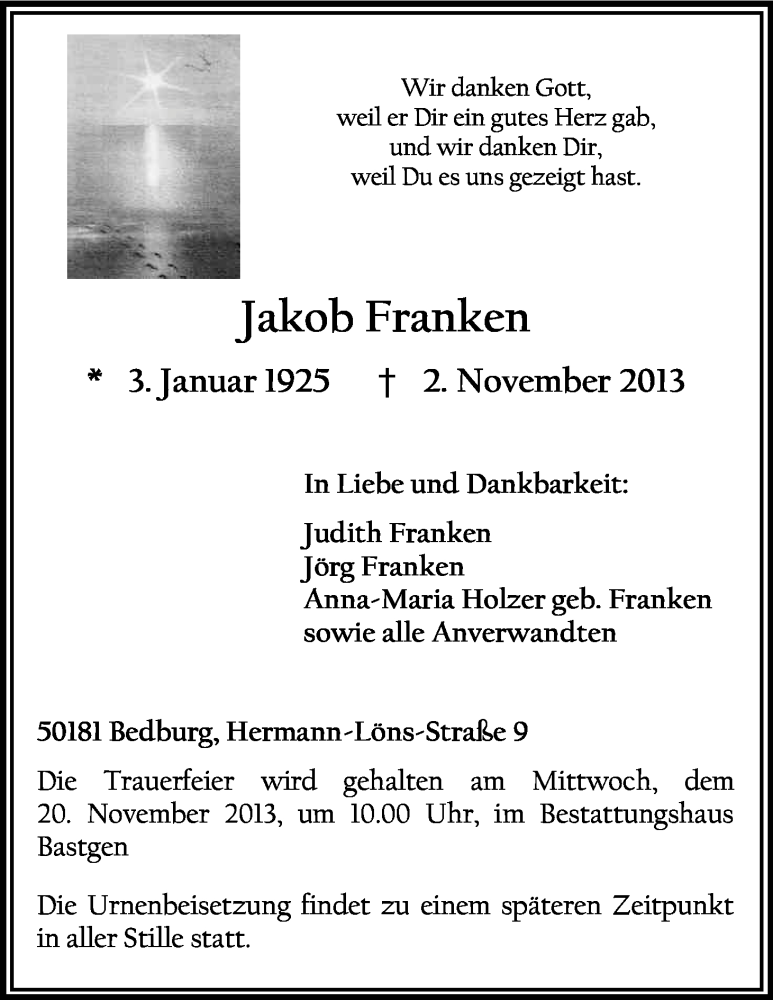  Traueranzeige für Jakob Franken vom 16.11.2013 aus Kölner Stadt-Anzeiger / Kölnische Rundschau / Express