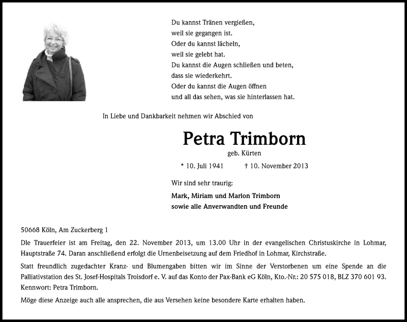  Traueranzeige für Petra Trimborn vom 16.11.2013 aus Kölner Stadt-Anzeiger / Kölnische Rundschau / Express