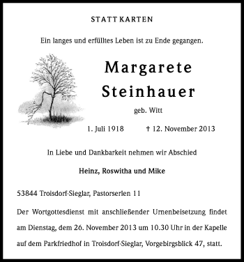 Anzeige von Margarete Steinhauer von Kölner Stadt-Anzeiger / Kölnische Rundschau / Express