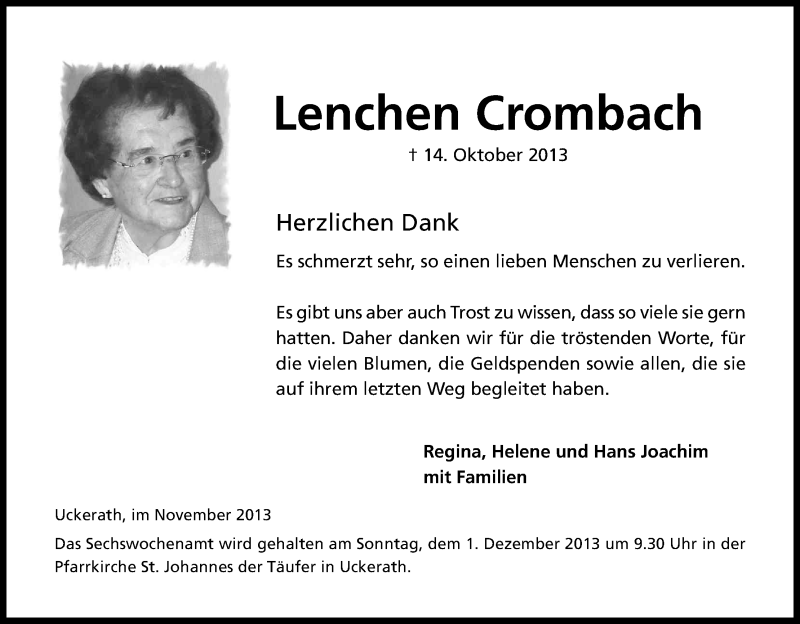  Traueranzeige für Lenchen Crombach vom 16.11.2013 aus Kölner Stadt-Anzeiger / Kölnische Rundschau / Express