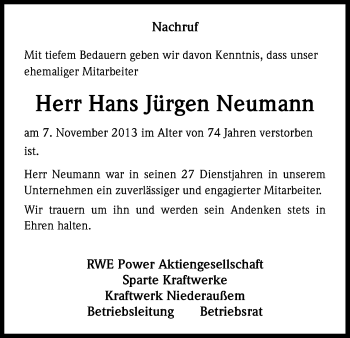 Anzeige von Hans Jürgen Neumann von Kölner Stadt-Anzeiger / Kölnische Rundschau / Express