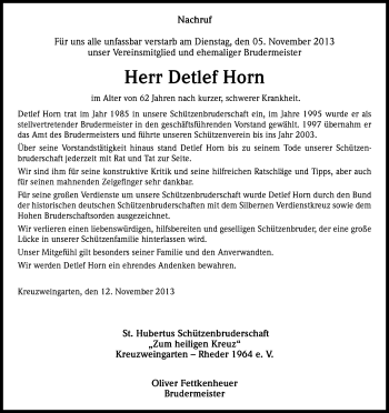 Anzeige von Detlef Horn von Kölner Stadt-Anzeiger / Kölnische Rundschau / Express