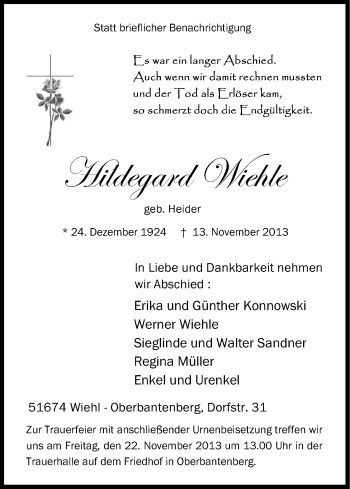 Anzeige von Hildegard Wiehle von Kölner Stadt-Anzeiger / Kölnische Rundschau / Express