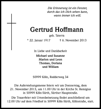 Anzeige von Gertrud Hoffmann von Kölner Stadt-Anzeiger / Kölnische Rundschau / Express