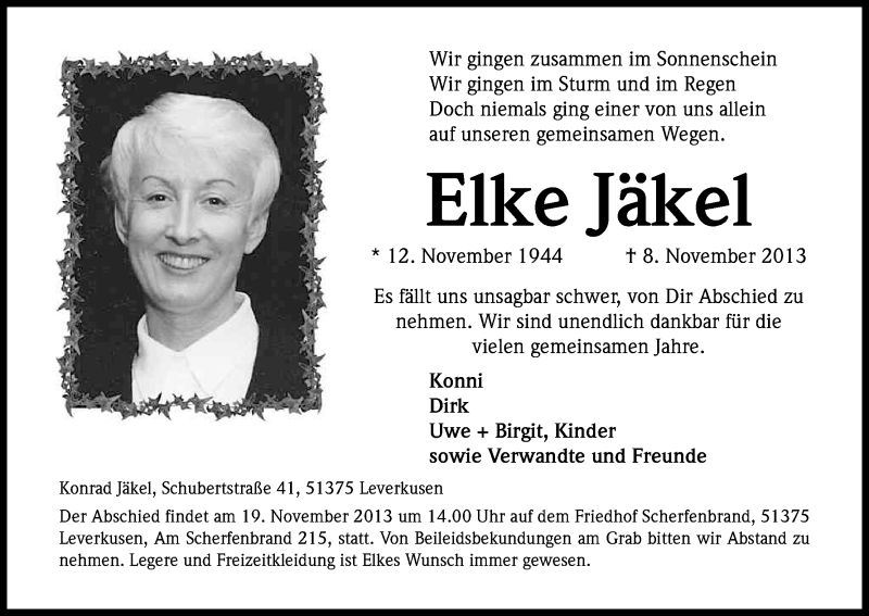  Traueranzeige für Elke Jäkel vom 16.11.2013 aus Kölner Stadt-Anzeiger / Kölnische Rundschau / Express