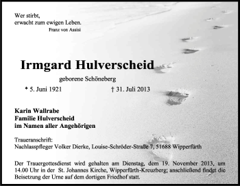 Anzeige von Irmgard Hulverscheid von Kölner Stadt-Anzeiger / Kölnische Rundschau / Express