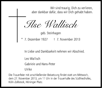 Anzeige von Ilse Wallisch von Kölner Stadt-Anzeiger / Kölnische Rundschau / Express