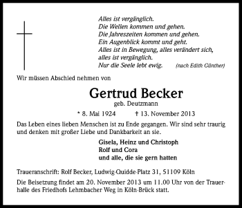 Anzeige von Gertrud Becker von Kölner Stadt-Anzeiger / Kölnische Rundschau / Express