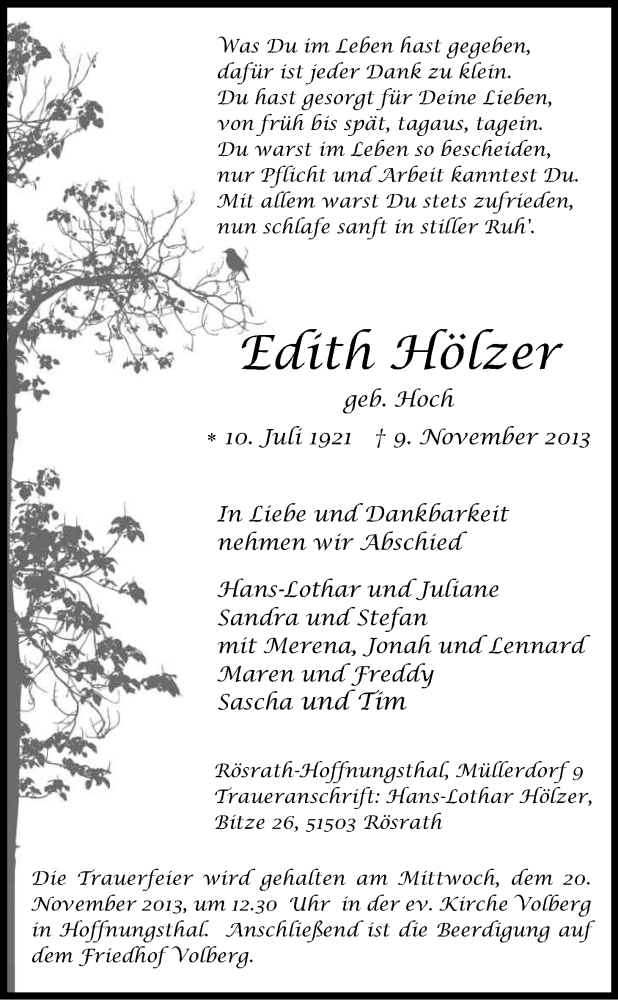  Traueranzeige für Edith Hölzer vom 16.11.2013 aus Kölner Stadt-Anzeiger / Kölnische Rundschau / Express