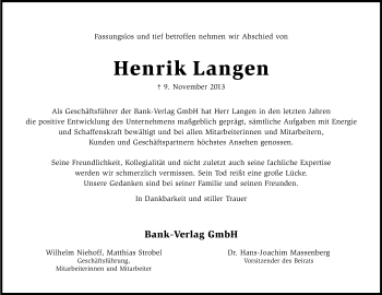 Anzeige von Henrik Langen von Kölner Stadt-Anzeiger / Kölnische Rundschau / Express