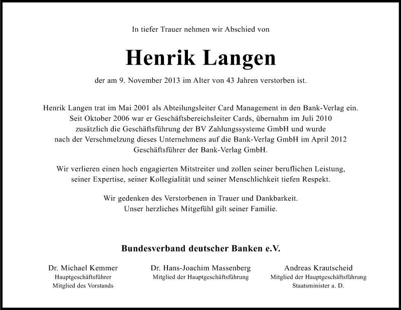  Traueranzeige für Henrik Langen vom 16.11.2013 aus Kölner Stadt-Anzeiger / Kölnische Rundschau / Express