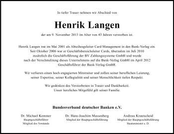 Anzeige von Henrik Langen von Kölner Stadt-Anzeiger / Kölnische Rundschau / Express