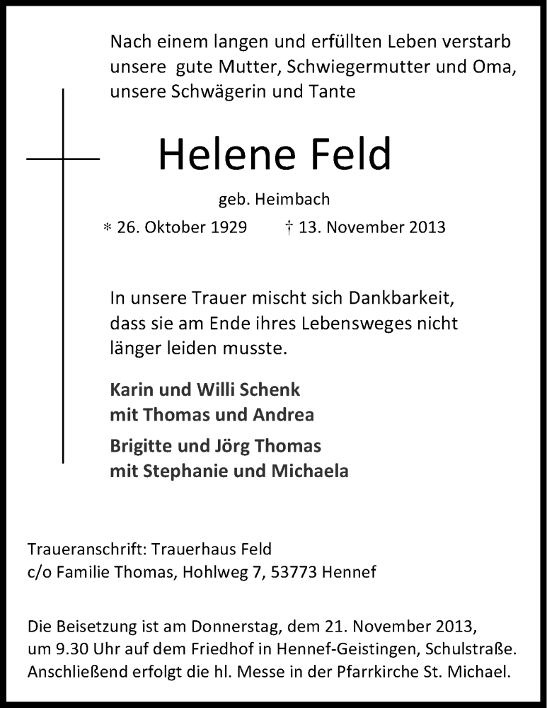  Traueranzeige für Helene Feld vom 16.11.2013 aus Kölner Stadt-Anzeiger / Kölnische Rundschau / Express