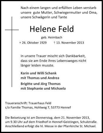 Anzeige von Helene Feld von Kölner Stadt-Anzeiger / Kölnische Rundschau / Express
