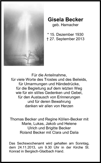 Anzeige von Gisela Becker von Kölner Stadt-Anzeiger / Kölnische Rundschau / Express