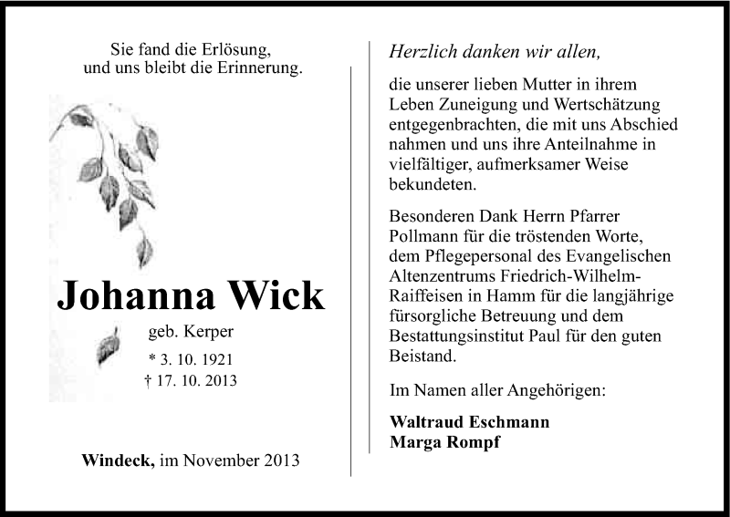  Traueranzeige für Johanna Wick vom 20.11.2013 aus Kölner Stadt-Anzeiger / Kölnische Rundschau / Express