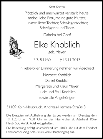Anzeige von Elke Knoblich von Kölner Stadt-Anzeiger / Kölnische Rundschau / Express
