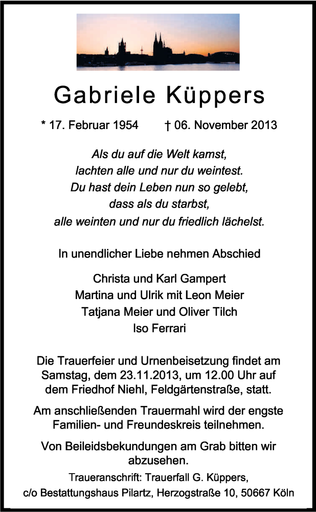  Traueranzeige für Gabriele Küppers vom 16.11.2013 aus Kölner Stadt-Anzeiger / Kölnische Rundschau / Express