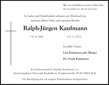 Anzeige von Ralph-Jürgen Kaufmann von Kölner Stadt-Anzeiger / Kölnische Rundschau / Express