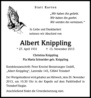 Anzeige von Albert Knippling von Kölner Stadt-Anzeiger / Kölnische Rundschau / Express