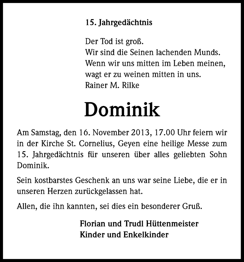  Traueranzeige für Dominik  vom 16.11.2013 aus Kölner Stadt-Anzeiger / Kölnische Rundschau / Express