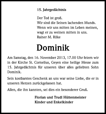 Anzeige von Dominik  von Kölner Stadt-Anzeiger / Kölnische Rundschau / Express