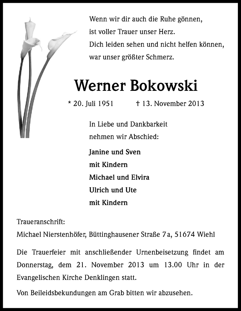  Traueranzeige für Werner Bokowski vom 16.11.2013 aus Kölner Stadt-Anzeiger / Kölnische Rundschau / Express