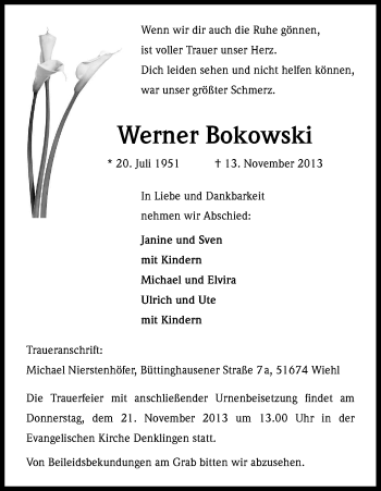 Anzeige von Werner Bokowski von Kölner Stadt-Anzeiger / Kölnische Rundschau / Express