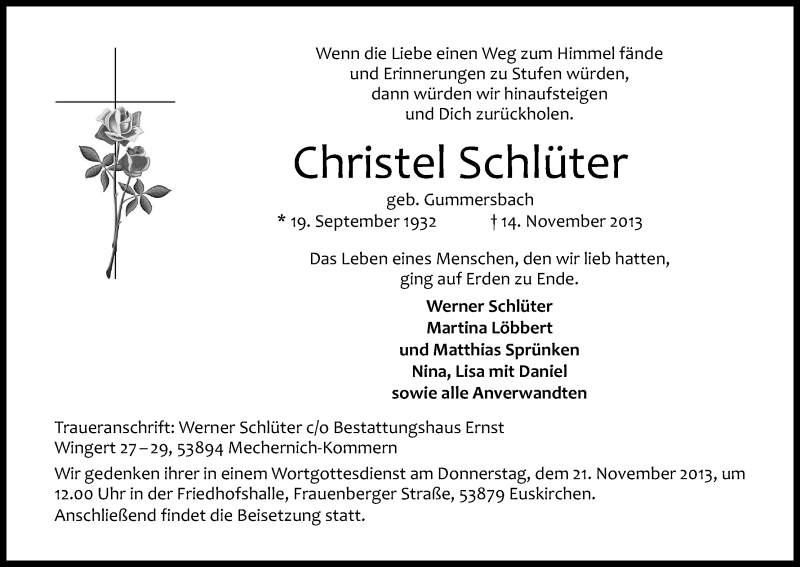  Traueranzeige für Christel Schlüter vom 16.11.2013 aus Kölner Stadt-Anzeiger / Kölnische Rundschau / Express