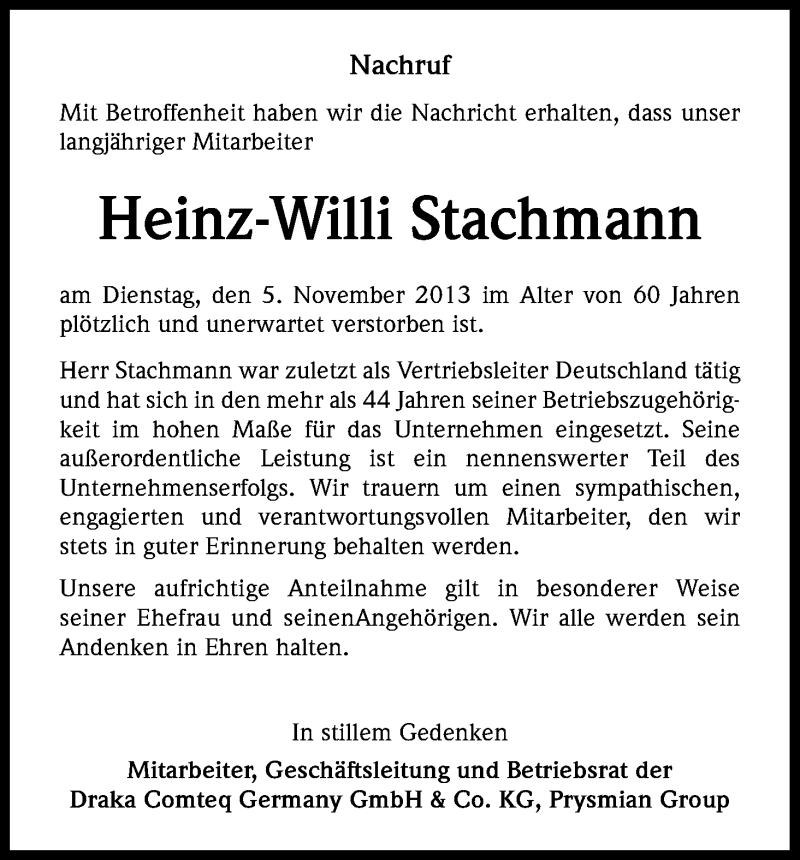  Traueranzeige für Heinz-Willi Stachmann vom 16.11.2013 aus Kölner Stadt-Anzeiger / Kölnische Rundschau / Express