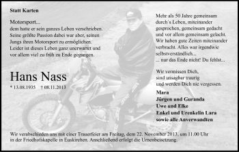 Anzeige von Hans Nass von Kölner Stadt-Anzeiger / Kölnische Rundschau / Express