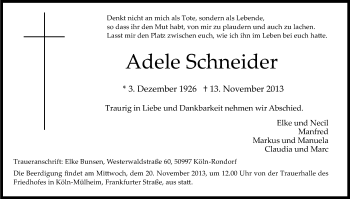Anzeige von Adele Schneider von Kölner Stadt-Anzeiger / Kölnische Rundschau / Express
