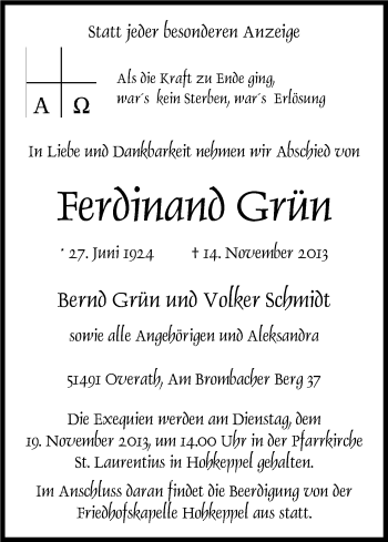 Anzeige von Ferdinand Grün von Kölner Stadt-Anzeiger / Kölnische Rundschau / Express