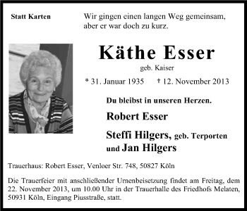 Anzeige von Käthe Esser von Kölner Stadt-Anzeiger / Kölnische Rundschau / Express