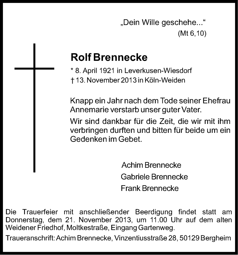  Traueranzeige für Rolf Brennecke vom 16.11.2013 aus Kölner Stadt-Anzeiger / Kölnische Rundschau / Express