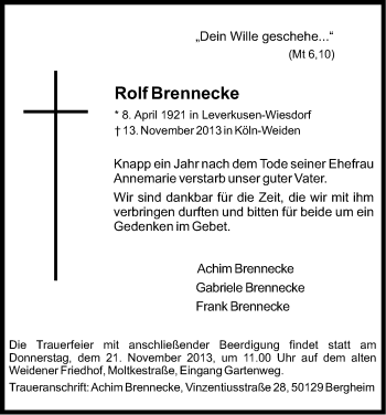 Anzeige von Rolf Brennecke von Kölner Stadt-Anzeiger / Kölnische Rundschau / Express