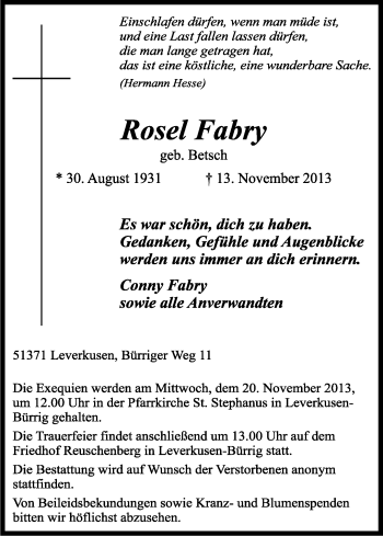 Anzeige von Rosel Fabry von Kölner Stadt-Anzeiger / Kölnische Rundschau / Express