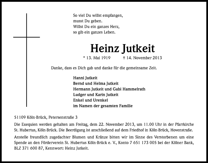  Traueranzeige für Heinz Jutkeit vom 16.11.2013 aus Kölner Stadt-Anzeiger / Kölnische Rundschau / Express