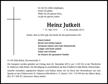 Anzeige von Heinz Jutkeit von Kölner Stadt-Anzeiger / Kölnische Rundschau / Express