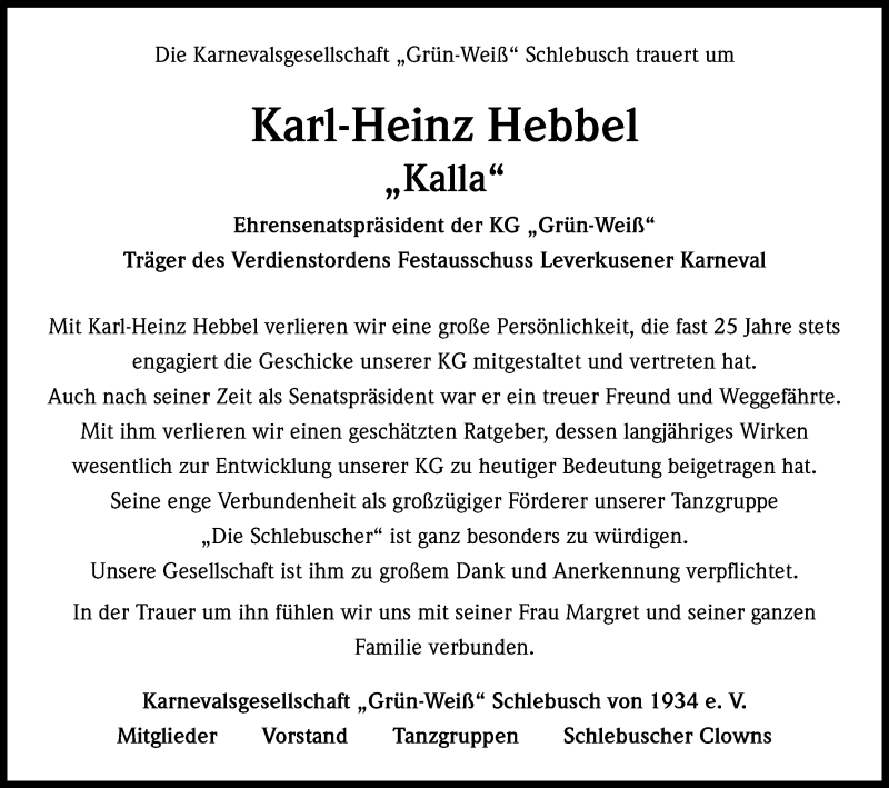  Traueranzeige für Karl-Heinz Hebbel vom 16.11.2013 aus Kölner Stadt-Anzeiger / Kölnische Rundschau / Express