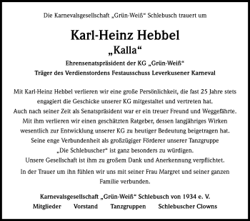 Anzeige von Karl-Heinz Hebbel von Kölner Stadt-Anzeiger / Kölnische Rundschau / Express