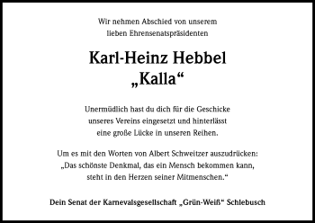 Anzeige von Karl-Heinz Hebbel von Kölner Stadt-Anzeiger / Kölnische Rundschau / Express