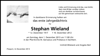 Anzeige von Stephan Wieland von Kölner Stadt-Anzeiger / Kölnische Rundschau / Express