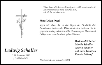 Anzeige von Ludwig Schaller von Kölner Stadt-Anzeiger / Kölnische Rundschau / Express