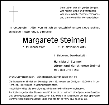 Anzeige von Margarete Steimel von Kölner Stadt-Anzeiger / Kölnische Rundschau / Express