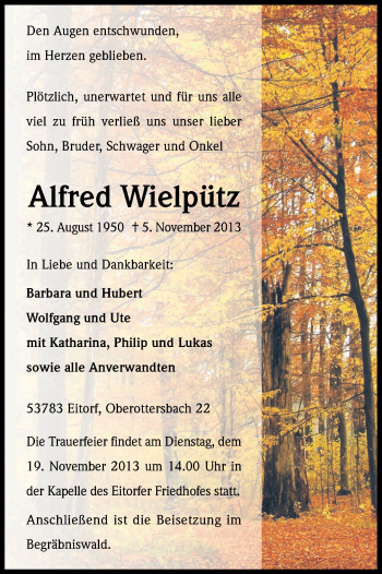 Anzeige von Alfred Wielpütz von Kölner Stadt-Anzeiger / Kölnische Rundschau / Express