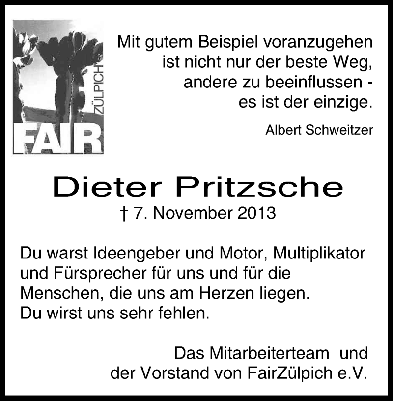  Traueranzeige für Dieter Pritzsche vom 16.11.2013 aus Kölner Stadt-Anzeiger / Kölnische Rundschau / Express
